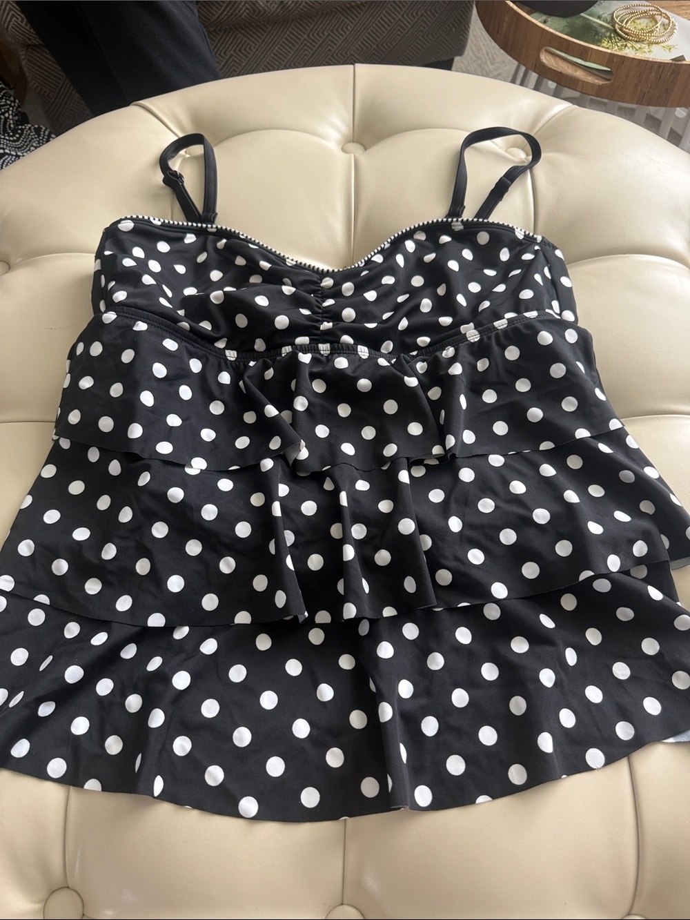 24th & Ocean Black and White Polka Dot Ruffled Swim Top